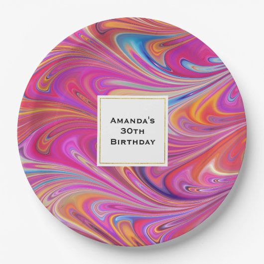 Trippy Roze en Sinaasappel Swirly Design Verjaarda Papieren Bordje (Voorkant)