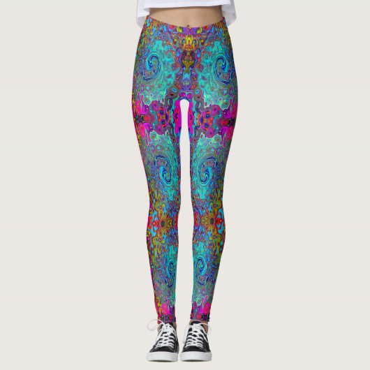 Trippy Sky Blue Abstract Retro Liquid Swirl Leggings (Voorkant)