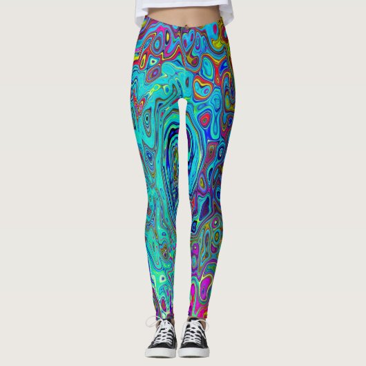 Trippy Sky Blue Abstract Retro Liquid Swirl Leggings (Voorkant)