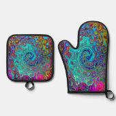 Trippy Sky Blue Abstract Retro Liquid Swirl Ovenwant & Pannenlap Set (Voorkant)