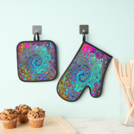 Trippy Sky Blue Abstract Retro Liquid Swirl Ovenwant & Pannenlap Set