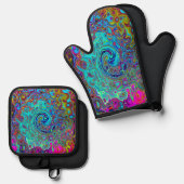 Trippy Sky Blue Abstract Retro Liquid Swirl Ovenwant & Pannenlap Set (Voorkant / Achterkant)