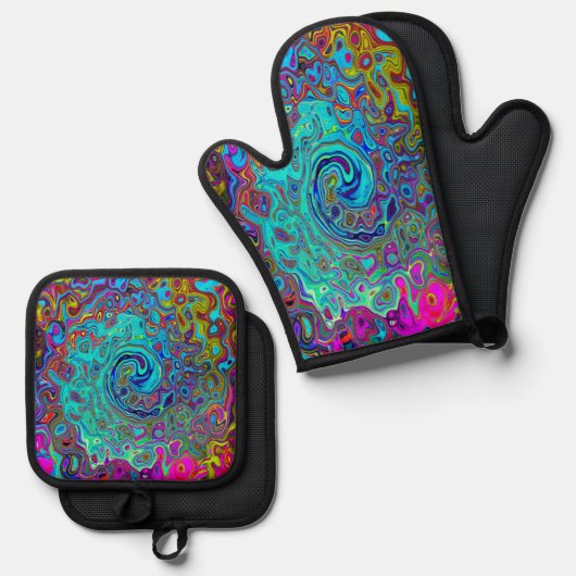 Trippy Sky Blue Abstract Retro Liquid Swirl Ovenwant & Pannenlap Set (Voorkant / Achterkant)