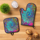 Trippy Sky Blue Abstract Retro Liquid Swirl Ovenwant & Pannenlap Set (Top down)