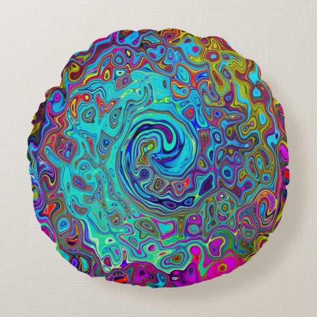 Trippy Sky Blue Abstract Retro Liquid Swirl Rond Kussen (Voorkant)
