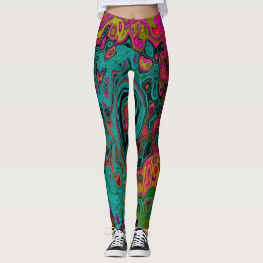 Trippy Turquoise Abstract Retro Liquid Swirl Leggings (Voorkant)
