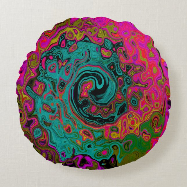 Trippy Turquoise Abstract Retro Liquid Swirl Rond Kussen (Voorkant)