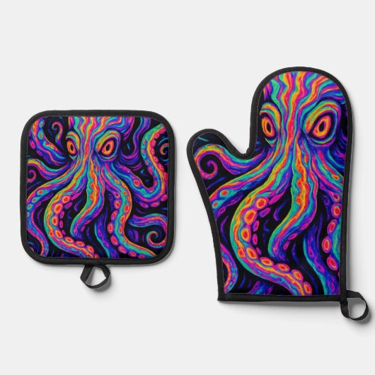 Trippy Vibrant Octopus Ovenwant & Pannenlap Set (Voorkant)
