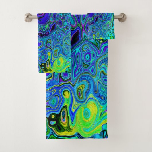 Trippy Violet Blue Abstract Retro vloeistof Bad Handdoek (Insitu)