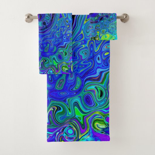 Trippy Violet Blue Abstract Retro vloeistof Bad Handdoek (Insitu)