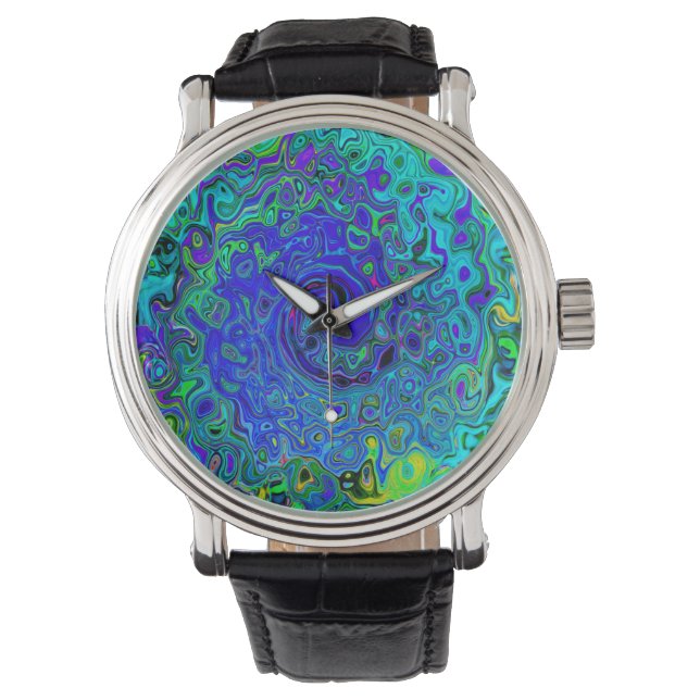 Trippy Violet Blue Abstract Retro vloeistof Horloge (Voorkant)