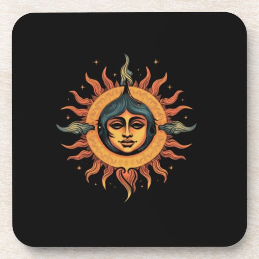 Trippy zon, retro zon, zon met meisje gezicht bier onderzetter (Voorkant)