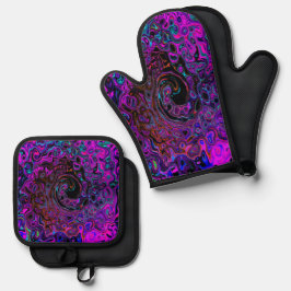 Trippy Zwart en Magenta Retro Vloeibare Draaikolk Ovenwant & Pannenlap Set