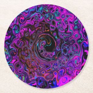 Trippy Zwart en Magenta Retro Vloeibare Draaikolk Ronde Kartonnen Onderzetter