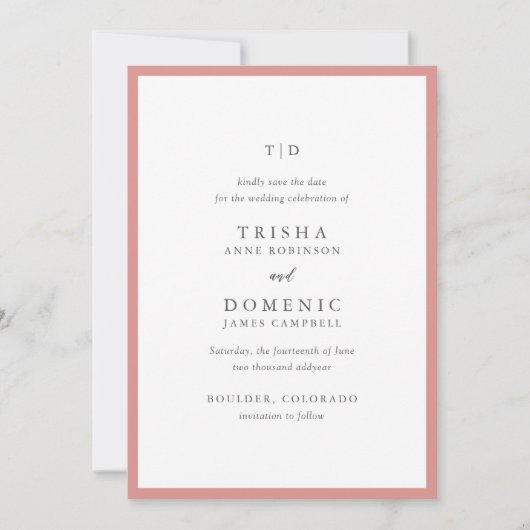 Trisha Coral Roze Moderne bruiloft Save The Date (Voorkant)