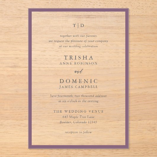 Trisha Paarse bruiloft Acryl Uitnodigingen (Voorkant)