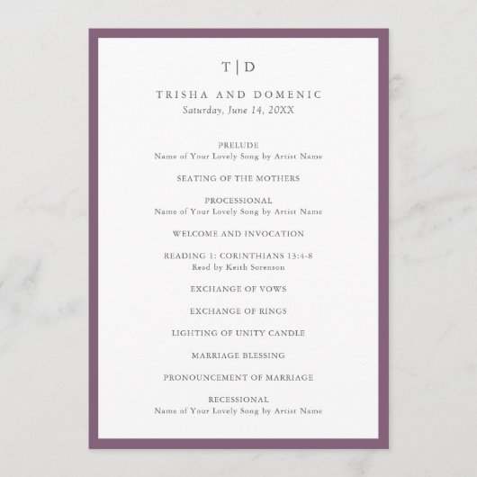 Trisha Paarse bruiloft Programmakaart (Voorkant)