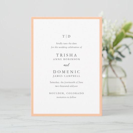 Trisha Peach moderne bruiloft Save The Date (Staand voorkant)