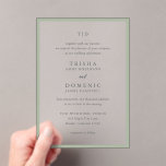 Trisha Sage Green Modern Huwelijk Acryl Uitnodigingen<br><div class="desc">Moderne huwelijksuitnodigingen met een schoon ontwerp met serif- en scriptlettertypen.</div>