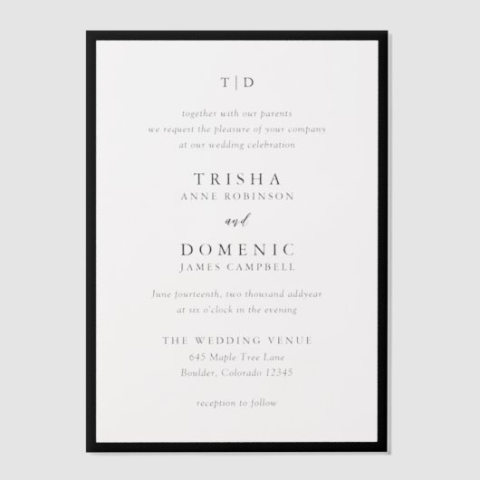 Trisha Zwart-wit Modern Huwelijk Vellum Uitnodigingen (Voorkant)