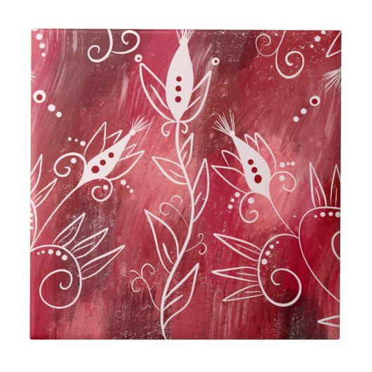 Trivet van rode en witte flora tegeltje (Voorkant)