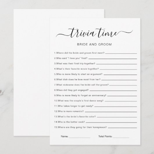 Trivia spel voor bruid en bruidegom, Vrijgezellenf Kaart (Voorkant / Achterkant)