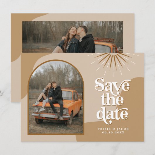 TRIXIE Beige Retro Arched Photo Save the Date  Kaart (Voorkant / Achterkant)