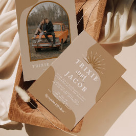 TRIXIE Beige Taupe Retro Arched Photo Boho Wedding Kaart