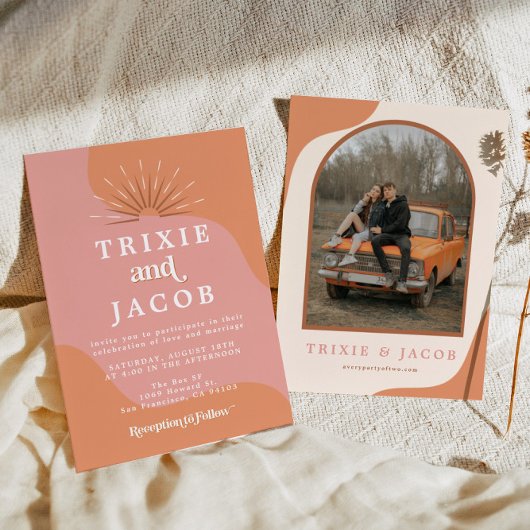 TRIXIE Retro Gebogen Foto Boho Groovy Bruiloft Kaart