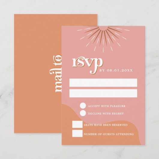 TRIXIE Retro Pink en Sinaasappel 70's RSVP Briefka Kaart (Voorkant / Achterkant)