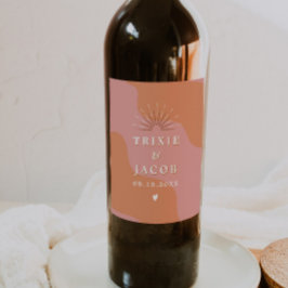 TRIXIE Retro Pink & Oranje 70s bruiloft Wijn Etiket