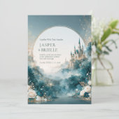 Troebel Blauwe Nevel Hemelse Kasteeltuin Bruiloft Kaart (Staand voorkant)