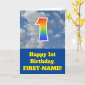 Troebele blauwe hemel, regenboogpatroon "1" Birthd Kaart (Gele Bloem)