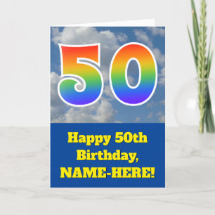 Troebele blauwe hemel, regenboogpatroon "50" Birth Kaart