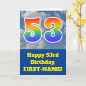 Troebele blauwe hemel, regenboogpatroon "53" Birth Kaart (Gele Bloem)