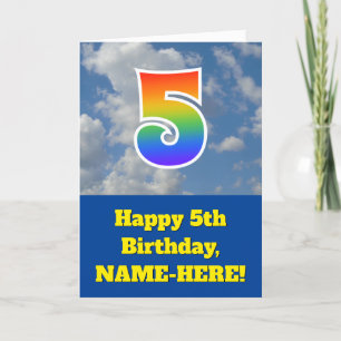 Troebele blauwe hemel, regenboogpatroon "5" Birthd Kaart