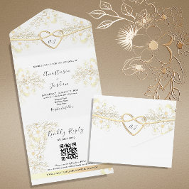 Trojale Elegante Bloemige Gouden Hart Trouw  All In One Uitnodiging