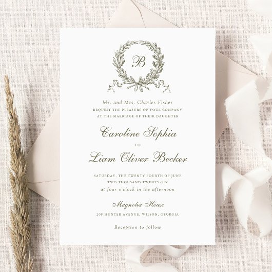 Trojans Elegante Olijf Eiken Krans Monogram Huweli Kaart