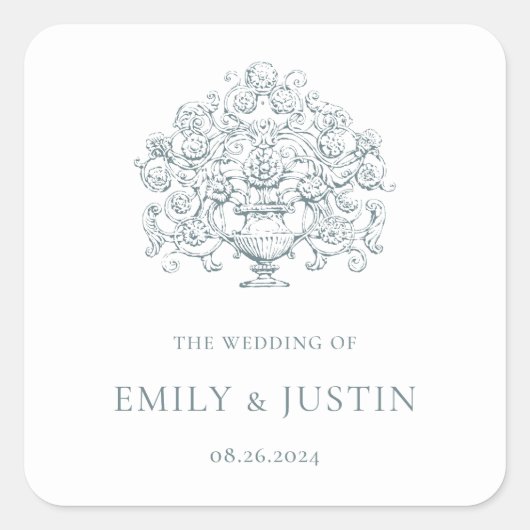 Trojans Elegante Stofblauwe Barokke Trouw Vierkante Sticker (Voorkant)