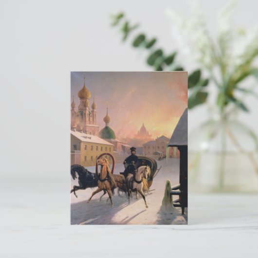 Trojka op straat in Sint-Petersburg, 1850 Briefkaart (Staand voorkant)