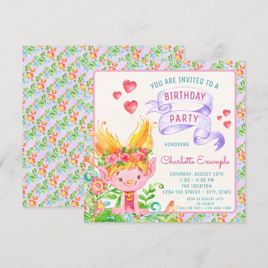 Troll verjaardagsfeestje uitnodigingen (Voorkant / Achterkant)