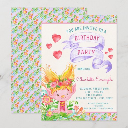 Troll verjaardagsfeestje uitnodigingen (Voorkant / Achterkant)