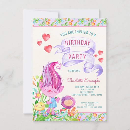 Troll verjaardagsfeestje uitnodigingen (Voorkant)