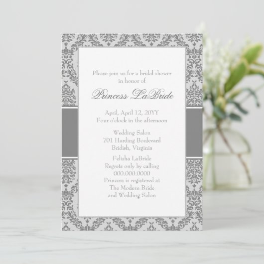 Trolley Gray Damask Bridal Shower Invitation Kaart (Staand voorkant)