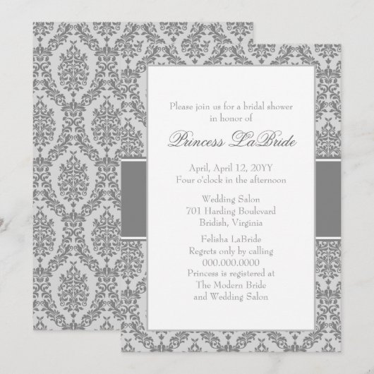Trolley Gray Damask Bridal Shower Invitation Kaart (Voorkant / Achterkant)