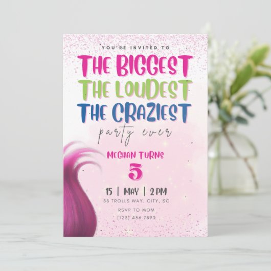 Trolls verjaardagsfeestje uitnodiging (Staand voorkant)