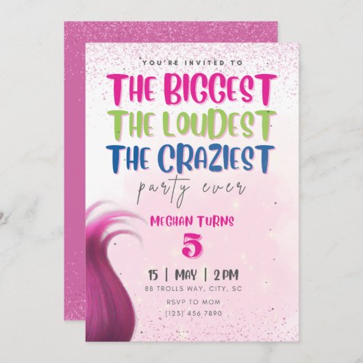 Trolls verjaardagsfeestje uitnodiging (Voorkant / Achterkant)