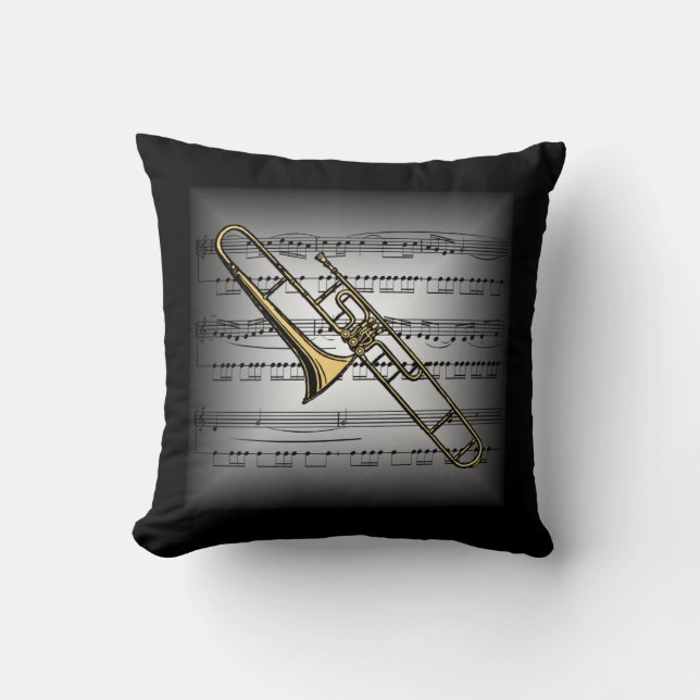 Trombone ~ 3D-bladmuziek ~ Kussen grijs/zwart (Voorkant)