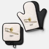 Trombone cartoon illustratie ovenwant & pannenlap set (Voorkant / Achterkant)