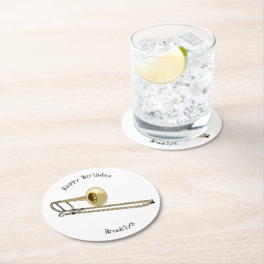 Trombone cartoon illustratie ronde kartonnen onderzetter (Insitu)